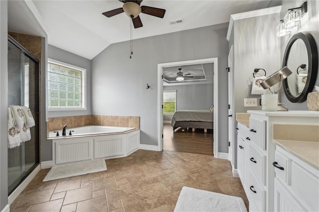 514 NE Viewpark Dr, Lees Summit, MO 64086 - full bathroom with ceiling fan, connected bathroom, a bath, vanity, and a stall shower