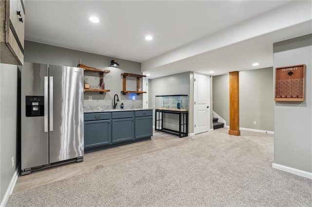 514 NE Viewpark Dr, Lees Summit, MO 64086 - kitchen featuring stainless steel refrigerator with ice dispenser, open shelves, recessed lighting, light wood-type flooring, and light carpet