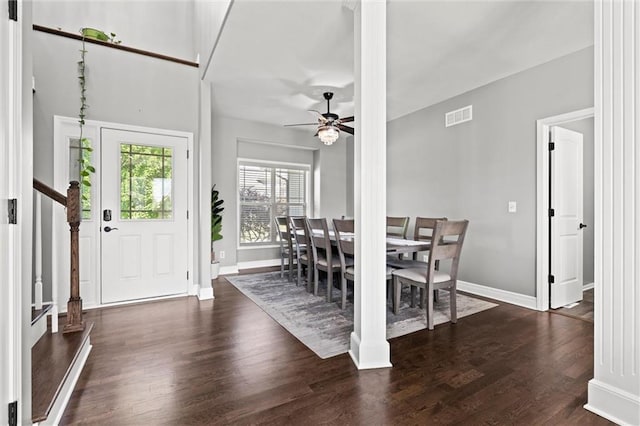 514 NE Viewpark Dr, Lees Summit, MO 64086 - dining area featuring a ceiling fan and dark wood-style flooring