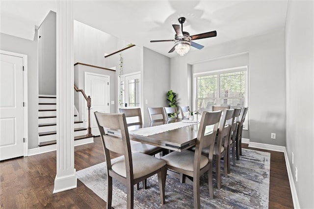 514 NE Viewpark Dr, Lees Summit, MO 64086 - dining area with wood finished floors, stairs, and ceiling fan