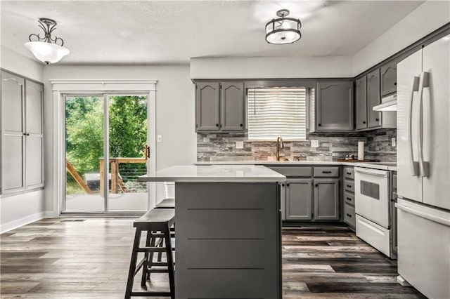 2004 NE Wien Ave, Blue Springs, MO 64029 - kitchen with white range with electric cooktop, stainless steel fridge, gray cabinets, under cabinet range hood, and dark wood-type flooring