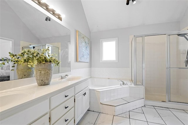 29500 W 184th St, Gardner, KS 66030 - full bathroom featuring lofted ceiling, marble finish floors, a bath, double vanity, and a shower stall