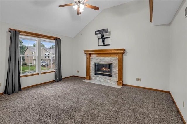 22005 Gracie Dr, Peculiar, MO 64078 - unfurnished living room featuring carpet, ceiling fan, a fireplace with flush hearth, and high vaulted ceiling
