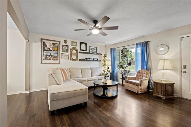 1521 W 22nd St, Lawrence, KS 66046 - living room with ceiling fan, dark wood finished floors, and a textured ceiling