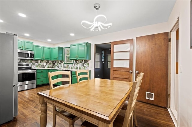 1521 W 22nd St, Lawrence, KS 66046 - dining space featuring a chandelier, dark wood finished floors, and recessed lighting