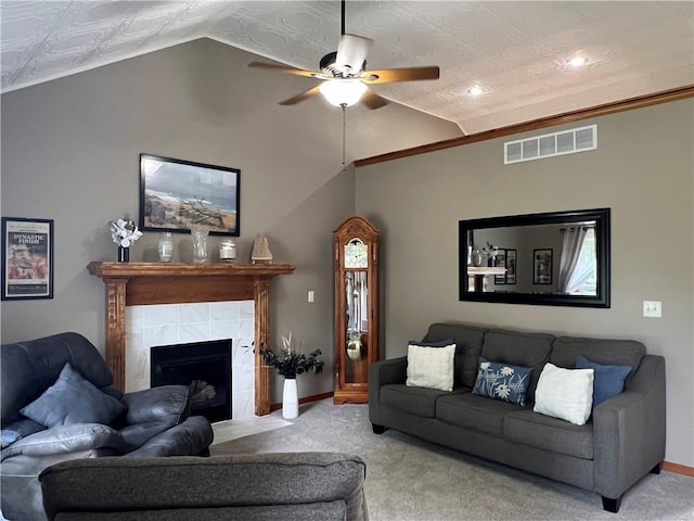 938 S 17th St, Leavenworth, KS 66048 - living room featuring carpet, ceiling fan, lofted ceiling, recessed lighting, and an ornate ceiling