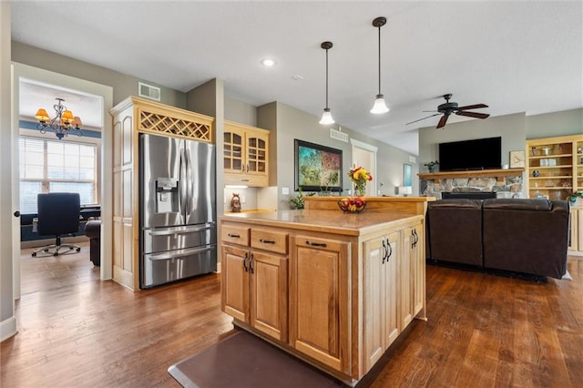 936 SW Raintree Dr, Lees Summit, MO 64082 - kitchen featuring stainless steel refrigerator with ice dispenser, an office area, ceiling fan, dark wood finished floors, and pendant lighting