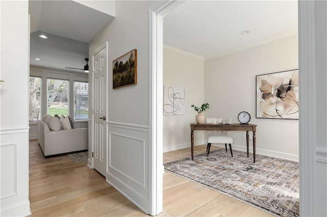 14600 Reinhardt Ln, Leawood, KS 66224 - office area featuring wood finished floors, a ceiling fan, crown molding, and recessed lighting