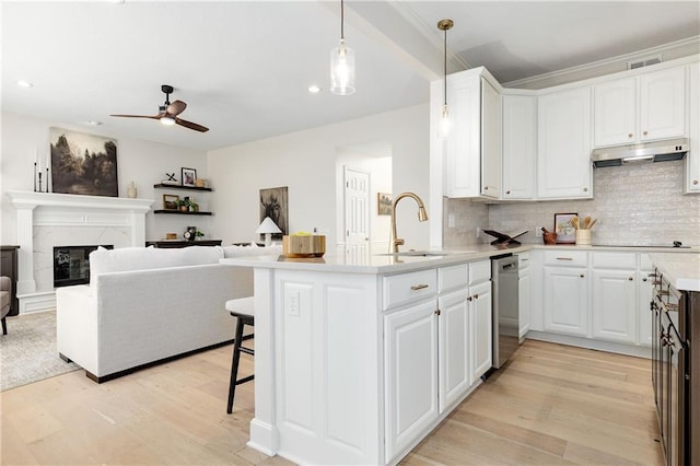 14600 Reinhardt Ln, Leawood, KS 66224 - kitchen featuring under cabinet range hood, stainless steel dishwasher, light wood-style flooring, a ceiling fan, and recessed lighting