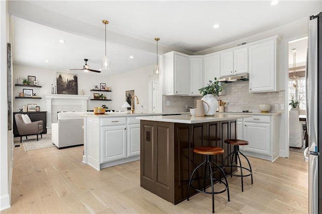 14600 Reinhardt Ln, Leawood, KS 66224 - kitchen featuring under cabinet range hood, a center island, light countertops, white cabinetry, and decorative backsplash