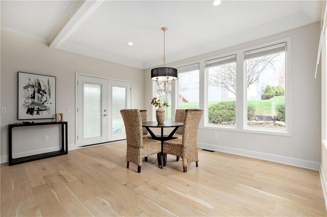 14600 Reinhardt Ln, Leawood, KS 66224 - dining area featuring light wood-style flooring, french doors, recessed lighting, ornamental molding, and beam ceiling
