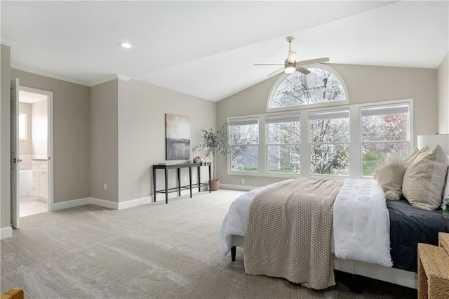 14600 Reinhardt Ln, Leawood, KS 66224 - bedroom featuring carpet, vaulted ceiling, ensuite bath, ceiling fan, and ornamental molding