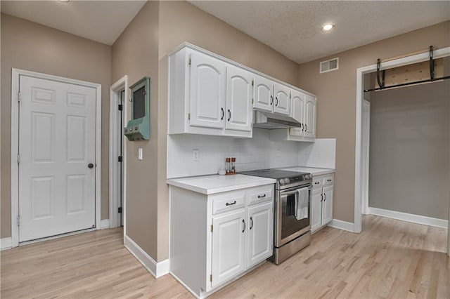 5303 Hallet St, Shawnee, KS 66216 - kitchen with stainless steel electric stove, under cabinet range hood, light countertops, light wood-style floors, and tasteful backsplash