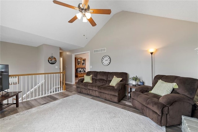 103 Bridgeport Dr, Smithville, MO 64089 - living area featuring wood finished floors, high vaulted ceiling, and ceiling fan