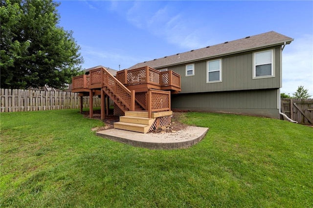 103 Bridgeport Dr, Smithville, MO 64089 - back of property featuring stairway, a fenced backyard, a wooden deck, and roof with shingles