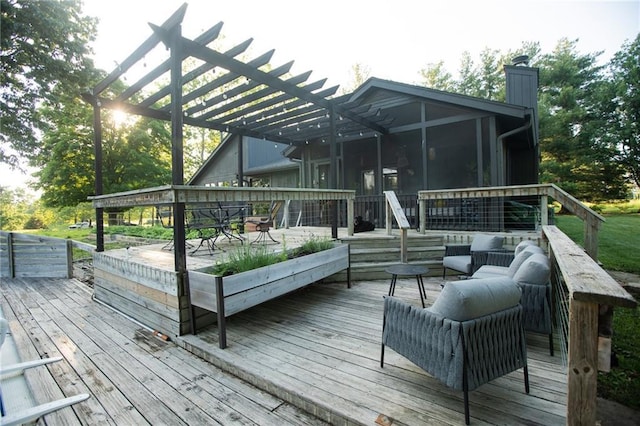 11001 S Perdue Rd, Grain Valley, MO 64029 - wooden terrace featuring a pergola, a sunroom, and outdoor lounge area