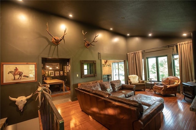 11001 S Perdue Rd, Grain Valley, MO 64029 - living area featuring high vaulted ceiling, hardwood / wood-style flooring, and recessed lighting