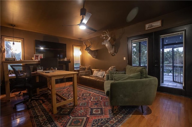 11001 S Perdue Rd, Grain Valley, MO 64029 - living room featuring an office area, hardwood / wood-style floors, and ceiling fan