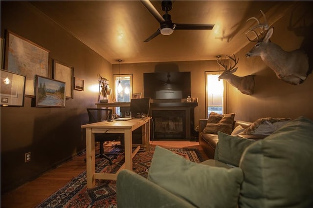 11001 S Perdue Rd, Grain Valley, MO 64029 - living room with a ceiling fan, wood finished floors, and a glass covered fireplace