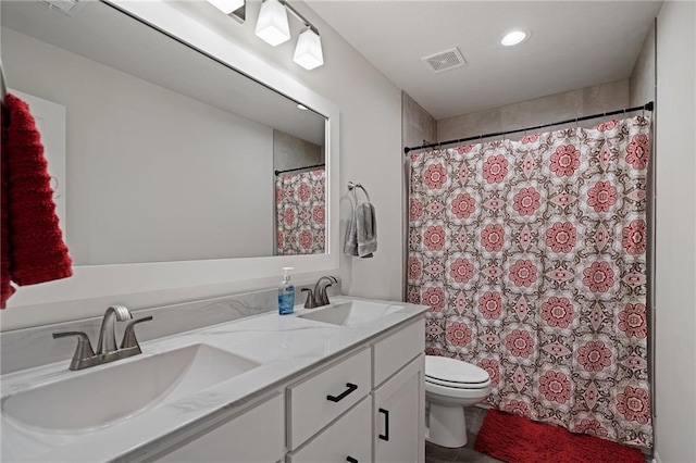 24840 W 178th Ct, Gardner, KS 66030 - bathroom with double vanity, recessed lighting, a shower with shower curtain, and tile patterned floors