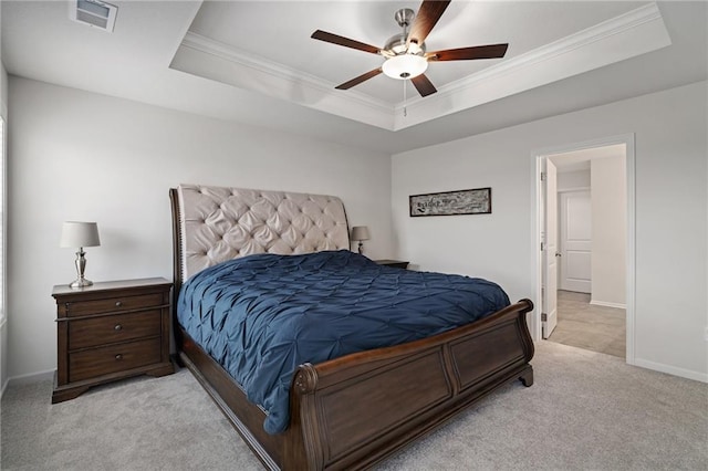 24840 W 178th Ct, Gardner, KS 66030 - bedroom featuring crown molding, a raised ceiling, light colored carpet, and ceiling fan