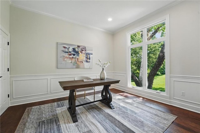 15340 Knox St, Overland Park, KS 66221 - office area featuring wood finished floors, crown molding, a decorative wall, and wainscoting
