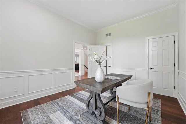 15340 Knox St, Overland Park, KS 66221 - office featuring dark wood-style floors, ornamental molding, a decorative wall, a wainscoted wall, and ornate columns