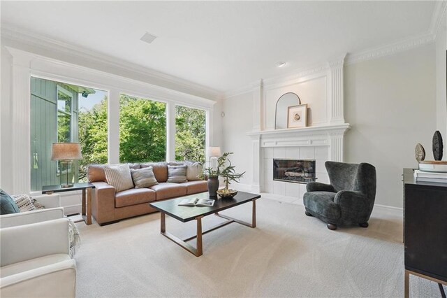 15340 Knox St, Overland Park, KS 66221 - living area with carpet, crown molding, plenty of natural light, and a fireplace
