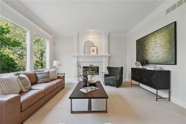 15340 Knox St, Overland Park, KS 66221 - carpeted living room featuring ornamental molding and a fireplace