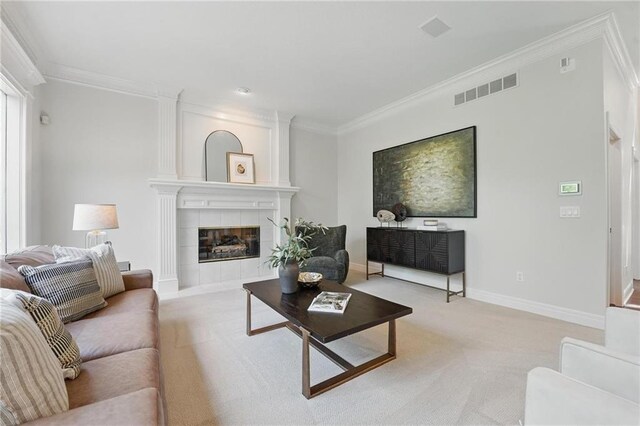 15340 Knox St, Overland Park, KS 66221 - living area with crown molding, light colored carpet, and a fireplace