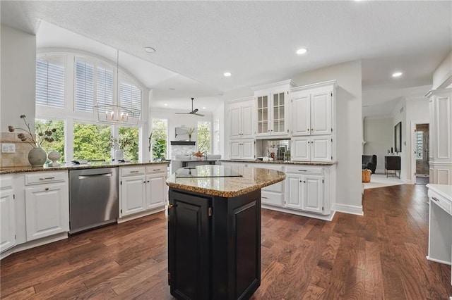 15340 Knox St, Overland Park, KS 66221 - kitchen featuring dishwasher, dark wood-style flooring, white cabinets, black electric stovetop, and recessed lighting