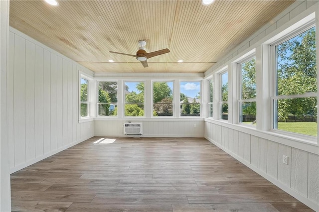 15340 Knox St, Overland Park, KS 66221 - unfurnished sunroom with wood ceiling, wood finished floors, a wall unit AC, recessed lighting, and wooden walls