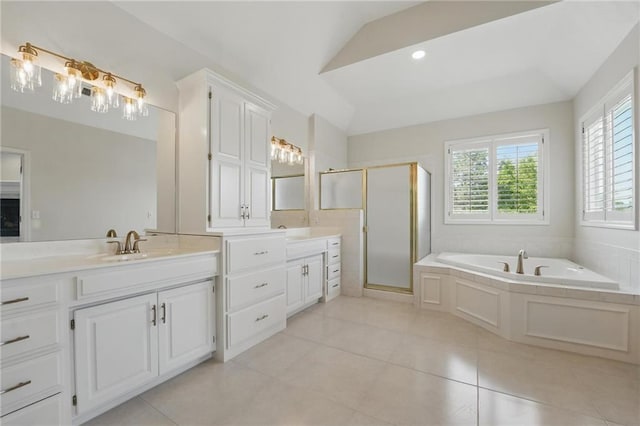 15340 Knox St, Overland Park, KS 66221 - full bathroom featuring vanity, a stall shower, a garden tub, and tile patterned floors