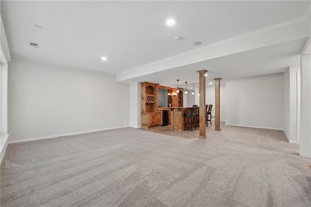 15340 Knox St, Overland Park, KS 66221 - unfurnished living room featuring bar area, light carpet, crown molding, and recessed lighting