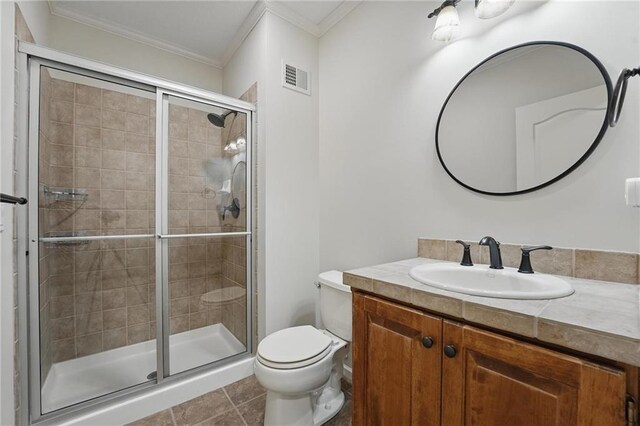 15340 Knox St, Overland Park, KS 66221 - full bathroom featuring crown molding, vanity, a stall shower, and tile patterned flooring