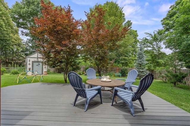 3514 W 47th Pl, Roeland Park, KS 66205 - deck featuring a fenced backyard, a shed, and outdoor dining area