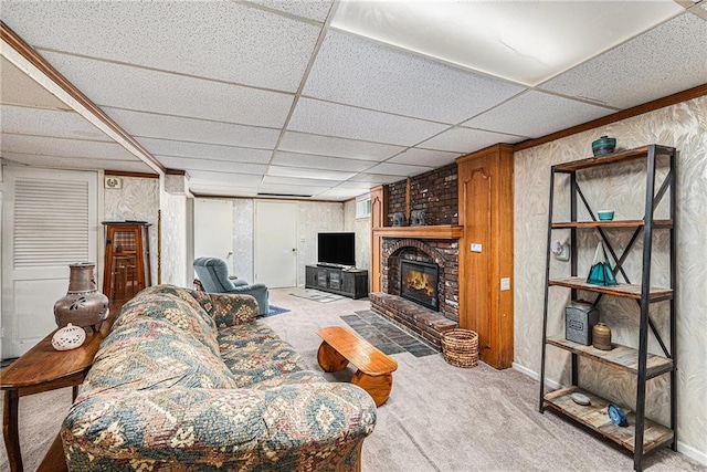 308 E Meadow St, Smithville, MO 64089 - living room with carpet, a drop ceiling, and a brick fireplace