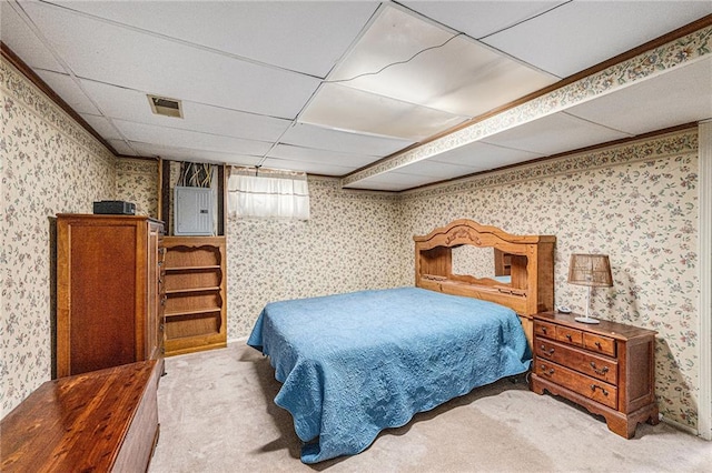 308 E Meadow St, Smithville, MO 64089 - carpeted bedroom featuring wallpapered walls, electric panel, and a drop ceiling