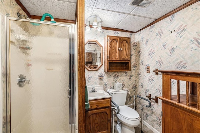 308 E Meadow St, Smithville, MO 64089 - full bathroom with wallpapered walls, ornamental molding, vanity, and a shower stall