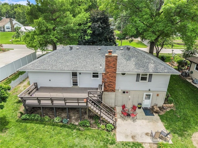 308 E Meadow St, Smithville, MO 64089 - back of house featuring a chimney, a patio area, stairs, a deck, and a shingled roof