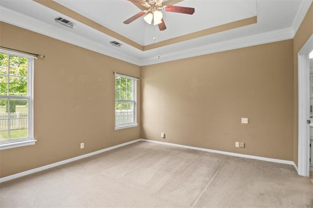 1111 SW 13th St, Oak Grove, MO 64075 - spare room with a tray ceiling, healthy amount of natural light, a ceiling fan, crown molding, and light carpet