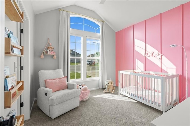 1104 SW Magnolia Cir, Oak Grove, MO 64075 - bedroom with carpet, vaulted ceiling, and a crib