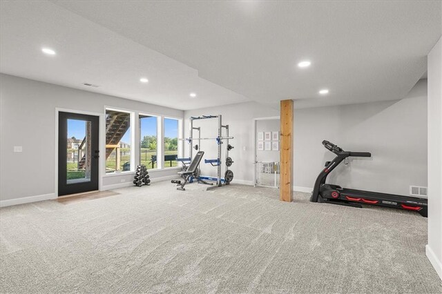 1104 SW Magnolia Cir, Oak Grove, MO 64075 - exercise room with carpet floors and recessed lighting