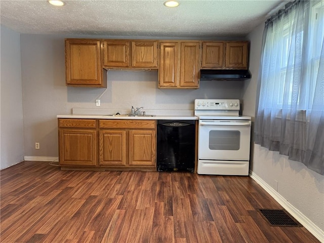 1514 Bryan St, Chillicothe, MO 64601 - kitchen featuring white range with electric stovetop, dishwasher, ventilation hood, light countertops, and a textured ceiling