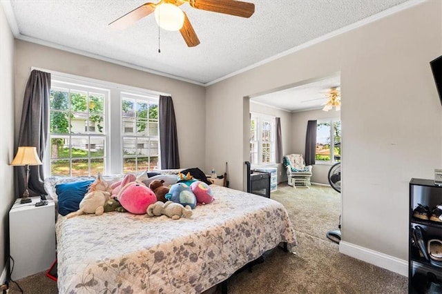 402 Fifth St, Smithville, MO 64089 - bedroom with carpet, multiple windows, a textured ceiling, crown molding, and ceiling fan
