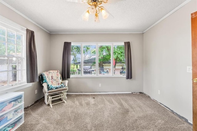 402 Fifth St, Smithville, MO 64089 - living area featuring plenty of natural light, carpet floors, ornamental molding, a textured ceiling, and ceiling fan