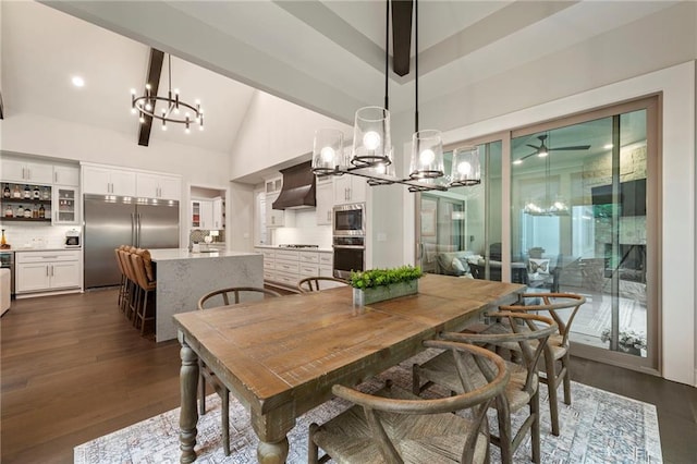 11807 S Kenton St, Olathe, KS 66061 - dining space with a chandelier, high vaulted ceiling, dark wood-type flooring, a bar, and ceiling fan
