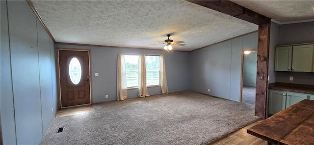2251 Nemaha Rd, Cummings, KS 66016 - entrance foyer featuring crown molding, vaulted ceiling, a ceiling fan, a textured ceiling, and light colored carpet