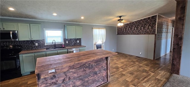 2251 Nemaha Rd, Cummings, KS 66016 - kitchen featuring appliances with stainless steel finishes, green cabinetry, dark wood-style floors, crown molding, and a ceiling fan