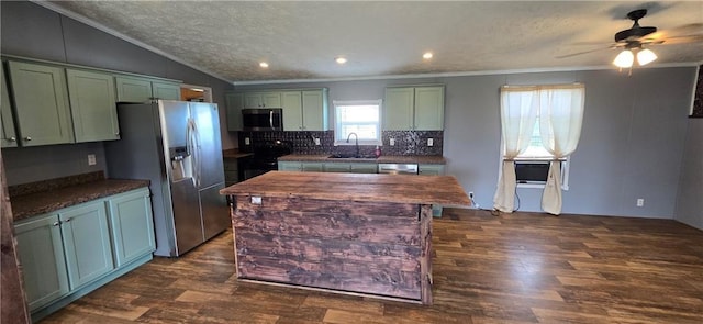 2251 Nemaha Rd, Cummings, KS 66016 - kitchen with green cabinets, appliances with stainless steel finishes, dark wood-style flooring, ornamental molding, and lofted ceiling